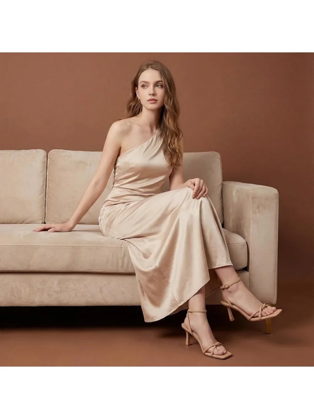 Women's Apricot Elegant Square Open Toe Strappy Comfortable Kitten Heels Sandals
